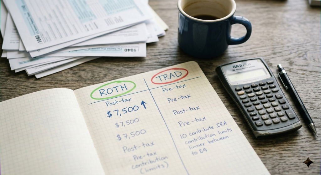 2026 IRA Contribution Limits Visual Roth vs Traditional IRA 2026 contribution limits comparison chart displayed on a financial planner workspace