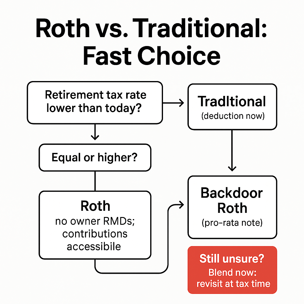 backdoor-roth-3-steps Three-step Backdoor Roth flow diagram with a prominent pro-rata rule warning.