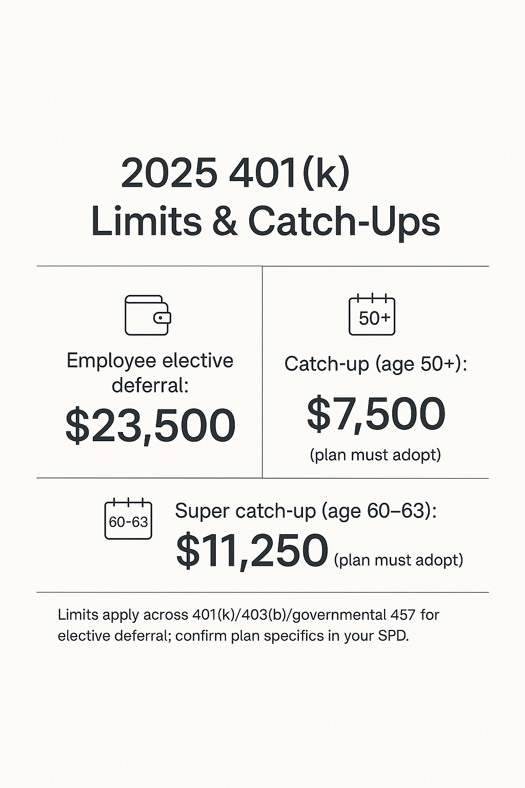 Infographic showing 2025 401(k) limits: employee elective deferral $23,500; catch-up age 50+ $7,500; super catch-up age 60–63 $11,250 with note that the plan must adopt the feature.