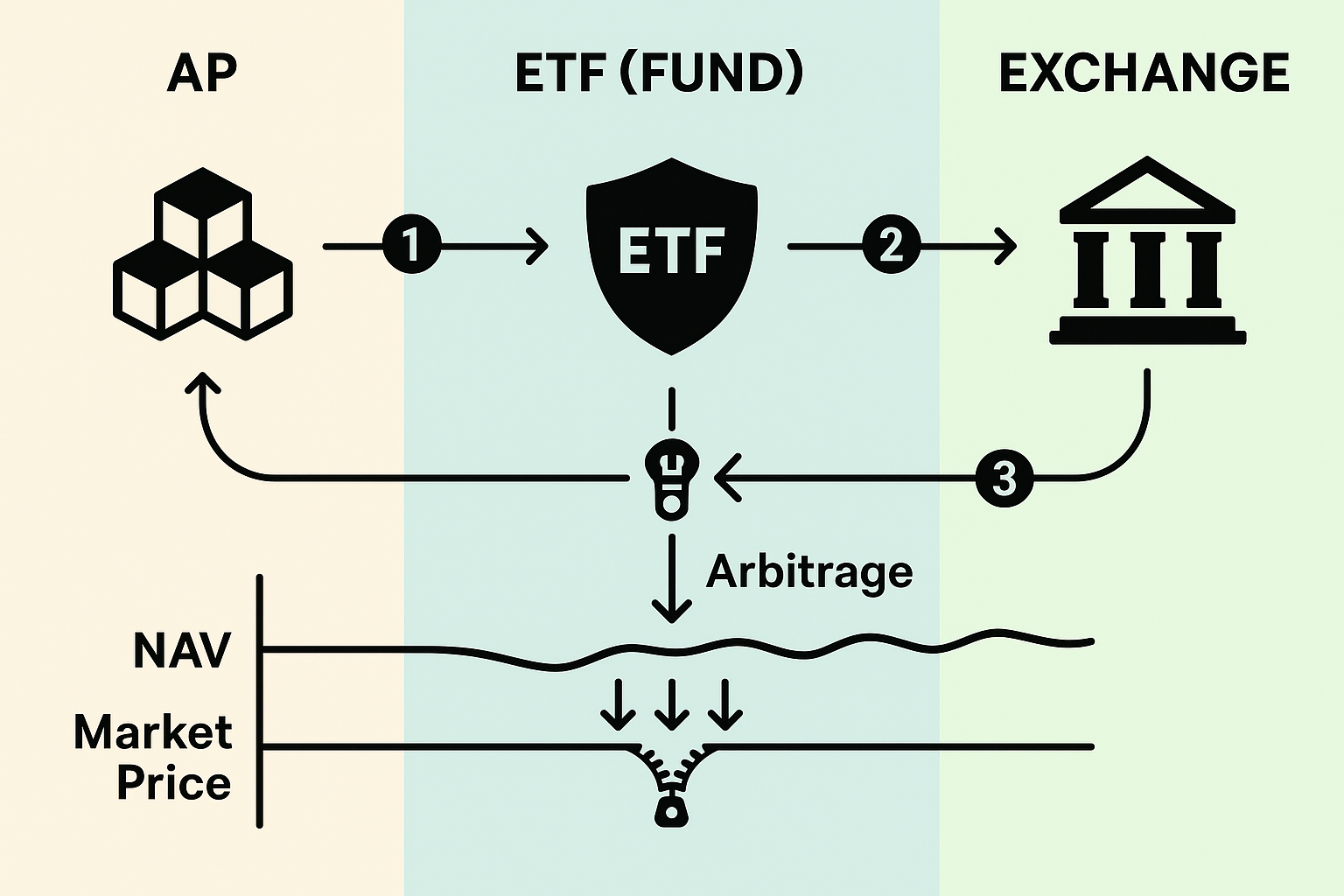 ETF trading costs: creation/redemption diagram showing NAV vs market price and arbitrage that keeps prices near NAV.