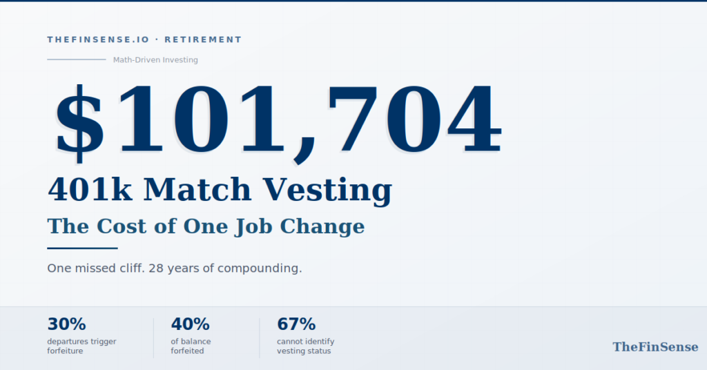 401k employer match vesting cost graphic showing $101,704 forfeiture from one missed cliff