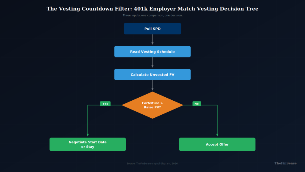 Vesting Countdown Filter decision tree for evaluating 401k employer match vesting forfeiture cost