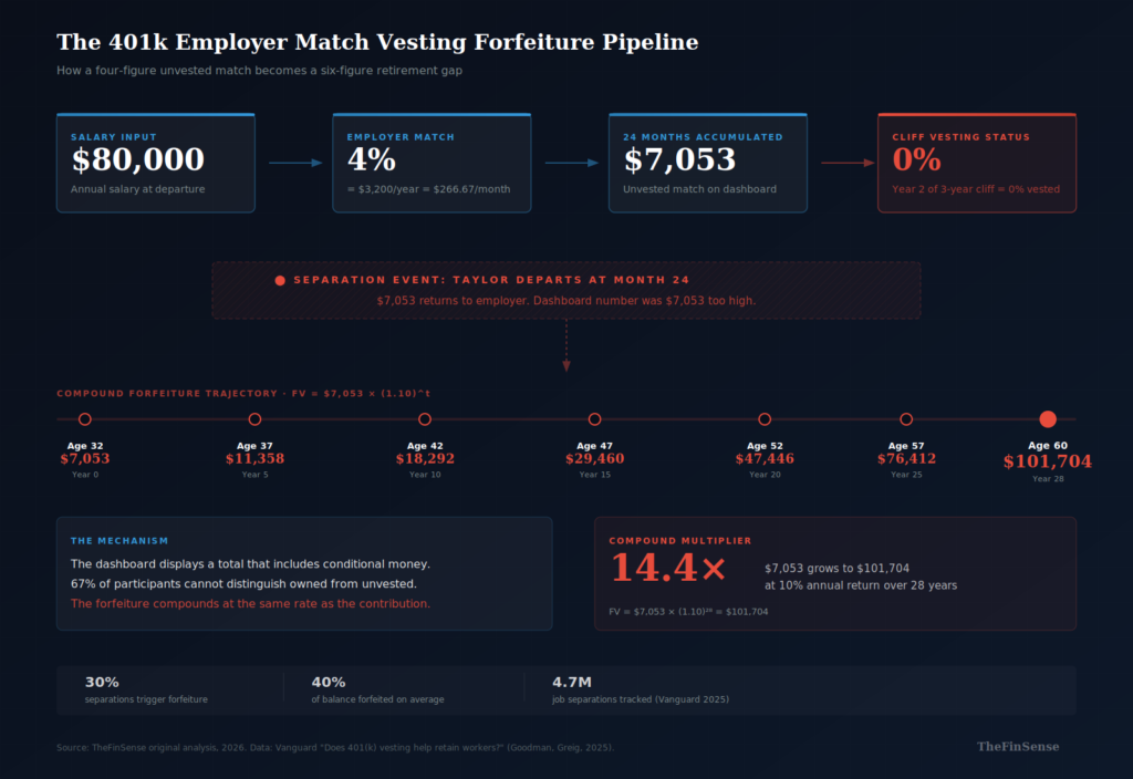 401k employer match vesting forfeiture compound pipeline diagram showing how forfeited match grows over career