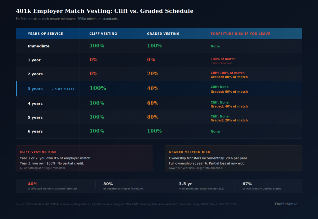 401k employer match vesting schedule comparison table showing cliff and graded forfeiture risk by tenure