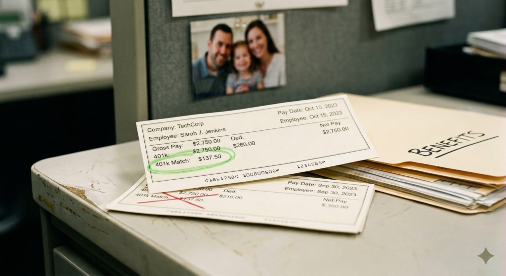 401k Match vs No Match Growth 401k employer match comparison showing matched vs unmatched portfolio growth on a financial planning desk
