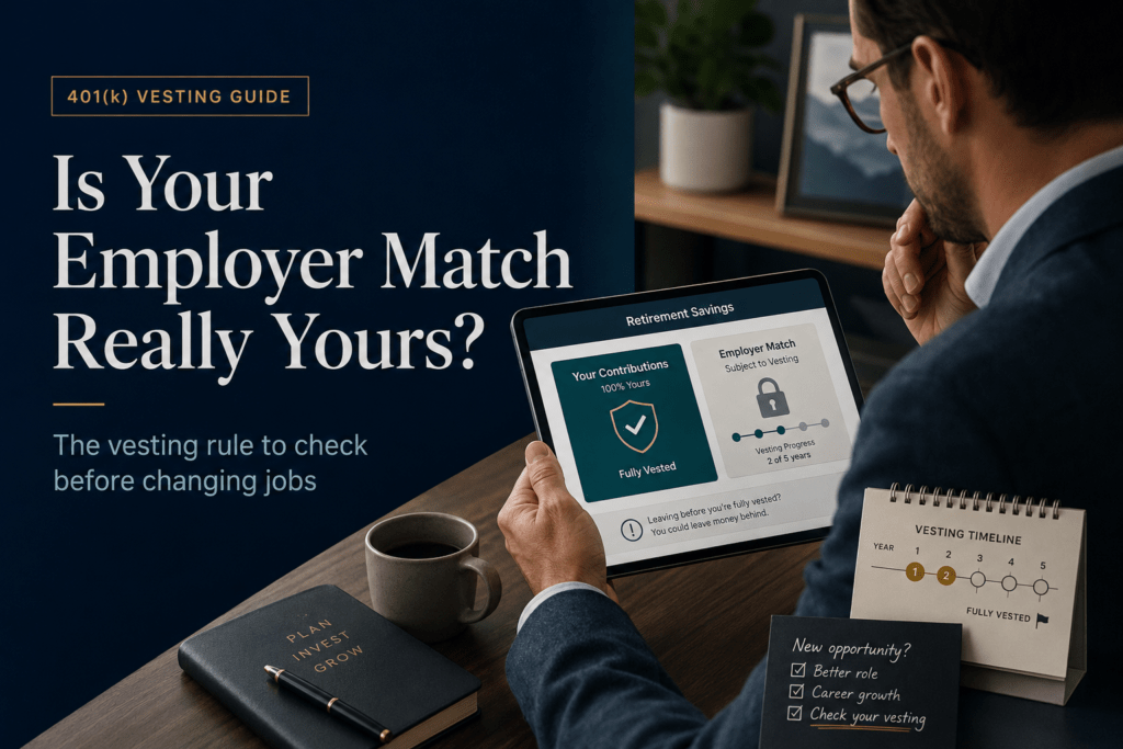 401(k) Employer Match Vesting: What Leaving Early Can Cost 11 401k employer match vesting illustration showing employee contributions fully owned and employer match subject to a vesting schedule