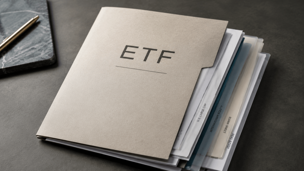 ETF folder organizing broad asset classes including stocks, bonds, real estate, technology, and global markets