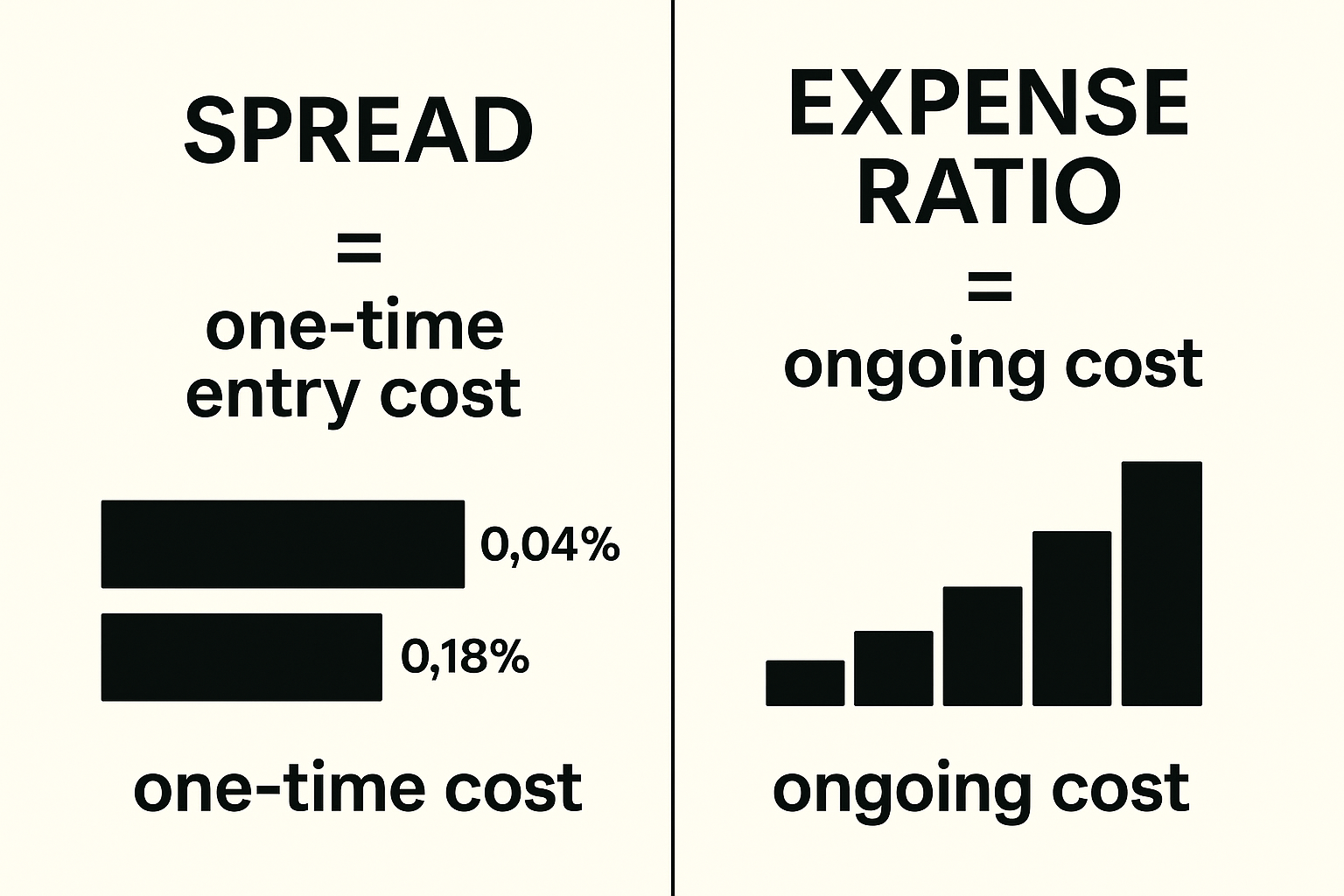 Side-by-side graphic comparing one-time spread cost for a buy today versus expense-ratio costs that accumulate over multi-year holding periods.