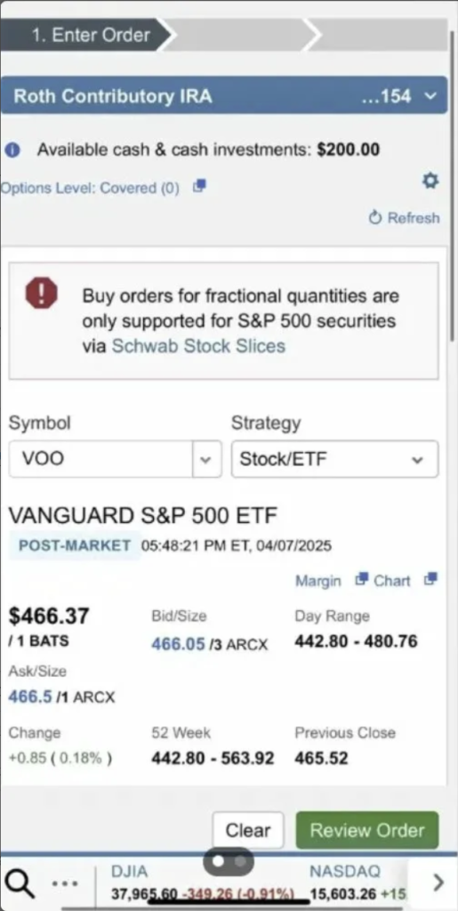 schwab voo fractional purchase error stock slices not supported s&p 500 etf