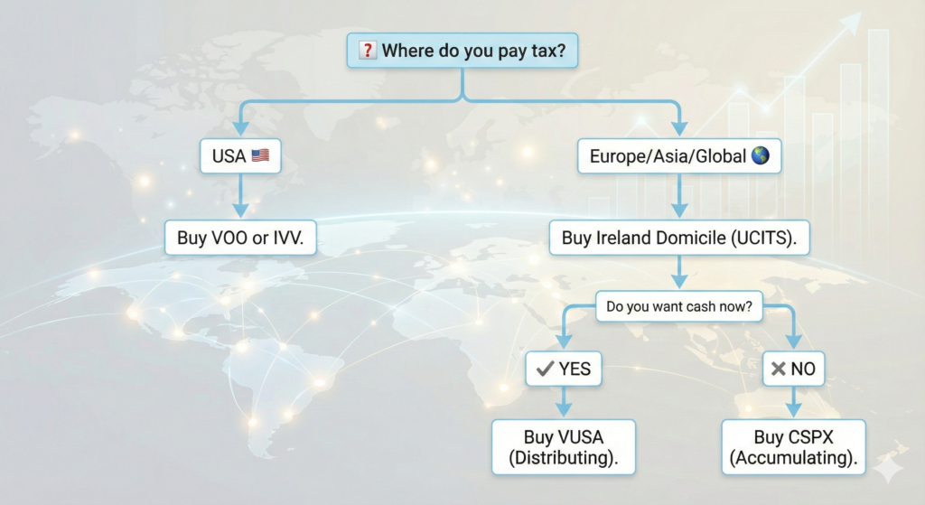 Which S&P 500 ETF Should You Buy? Use this flowchart to avoid the 30% US Withholding Tax trap based on your residency.