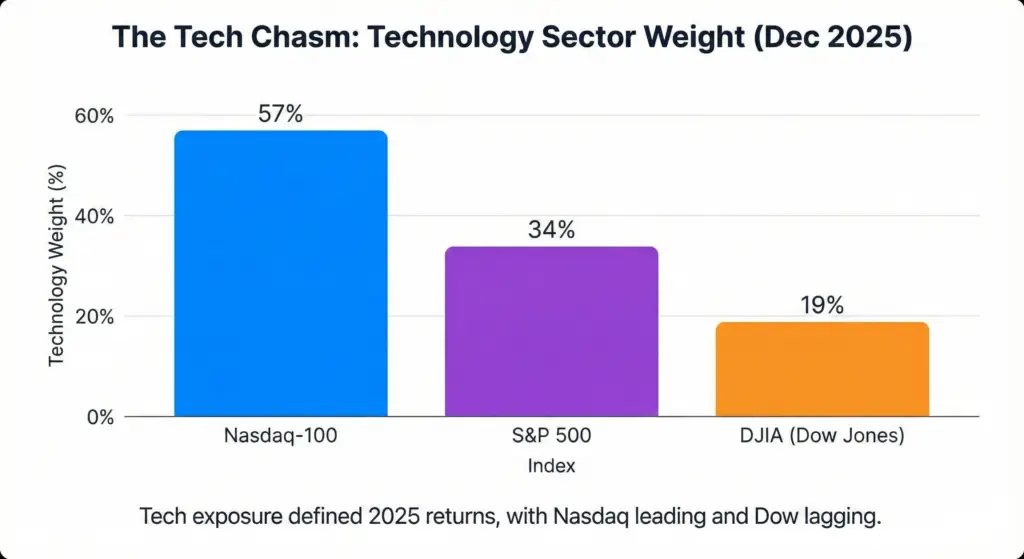 The Tech Chasm: The massive gap in tech exposure explains why the Nasdaq-100 (blue) crushed the Dow Jones (orange) in 2025. Bar chart comparing 2025 Technology sector weights: Nasdaq-100 is highest at 57%, S&P 500 is 34%, and Dow Jones is lowest at 19%.