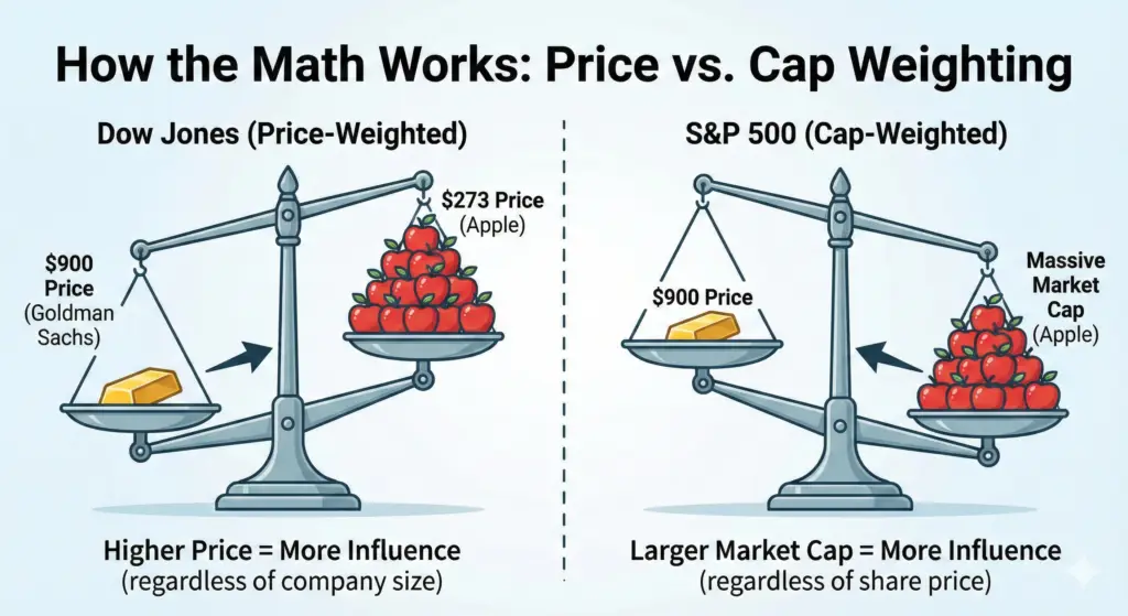 Infographic demonstrating the mathematical flaw of Price-Weighting. Goldman Sachs has nearly 3.5x more influence in the Dow than Apple simply because its share price ($900) is higher than Apple's ($273), despite Apple being a much larger company. Balance scale illustration showing index weighting flaws. On the Dow side, a small gold bar ($900) is heavier than a huge pile of apples ($273). On the S&P side, the pile of apples is heavier.
