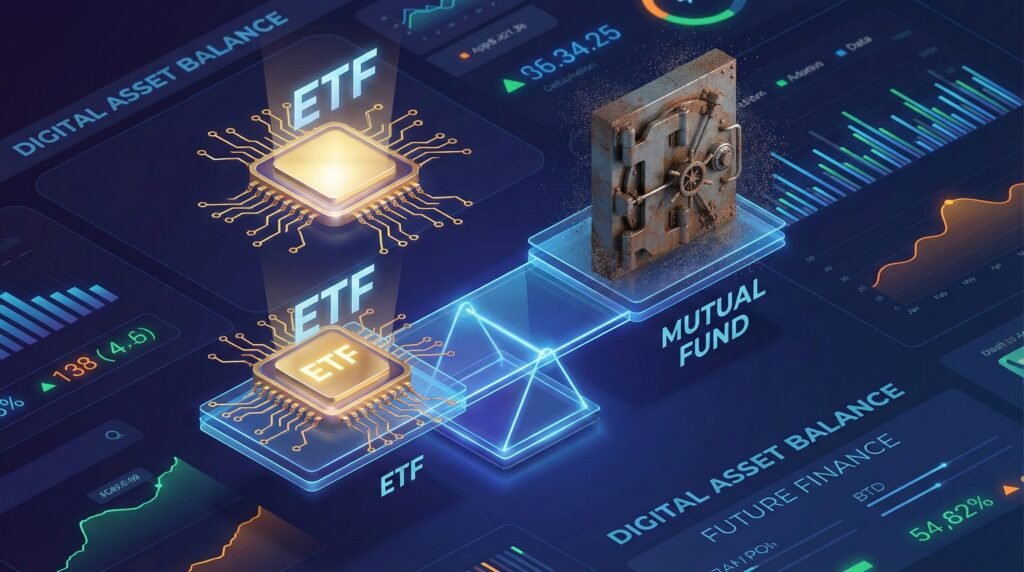 ETFs-vs-Mutual-Funds-Comparison-2026 ETFs vs Mutual Funds comparison illustration showing digital chip and bank vault