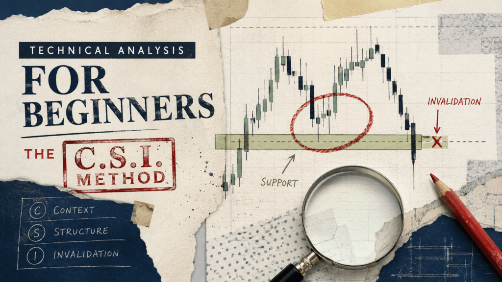 Technical analysis for beginners illustration of a green candlestick and magnifying glass over a stock chart