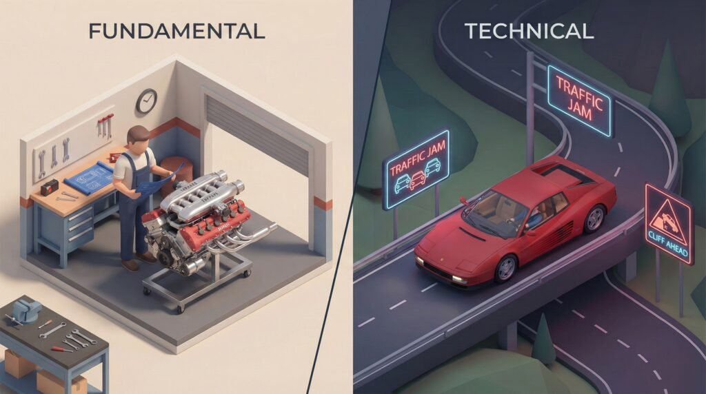 This image fixes the #1 beginner mistake: thinking "Good Company = Good Stock." The caption forces them to realize they need both engine checks and road maps. Isometric illustration comparing fundamental analysis engine checks versus Technical Analysis for Beginners road mapping.