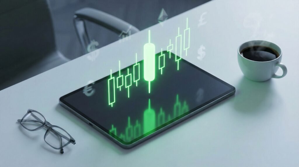 3D Isometric Candlestick Chart on Digital Tablet - TheFinSense Isometric 3D rendering of a glowing green candlestick chart on a digital tablet, representing stock market analysis and trading emotion.