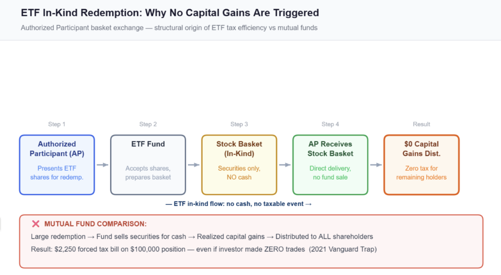 How ETFs eliminate forced capital gains: in-kind redemption mechanism — TheFinSense 2026 ETFs vs mutual funds in-kind redemption flowchart showing Authorized Participant basket exchange eliminating capital gains distributions