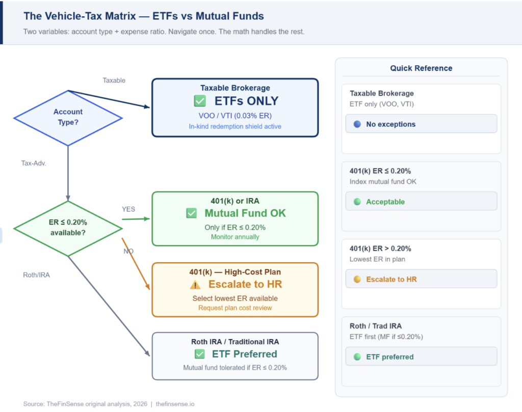 TheFinSense Vehicle-Tax Matrix: ETF vs mutual fund account allocation framework — original illustration, 2026 ETFs vs mutual funds Vehicle-Tax Matrix flowchart showing ETF-only rule for taxable brokerage and 401k accounts