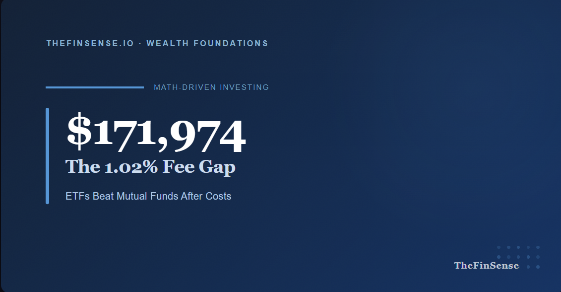 etfs vs mutual funds 30-year terminal wealth gap of $171,974 driven by 1.02% expense ratio difference — TheFinSense 2026
