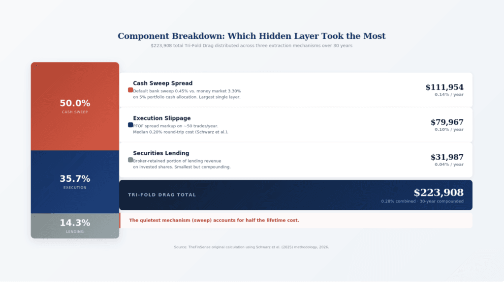 Component breakdown showing cash sweep spread as largest zero commission broker hidden fee at 50 percent of total drag