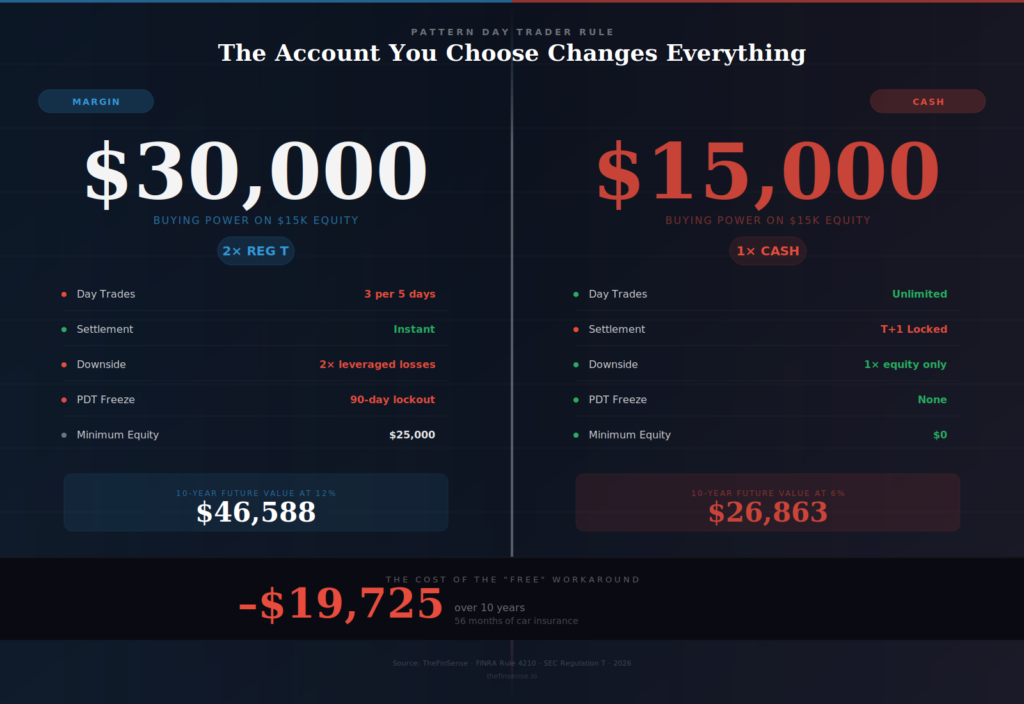 Pattern day trader rule margin account versus cash account buying power comparison infographic