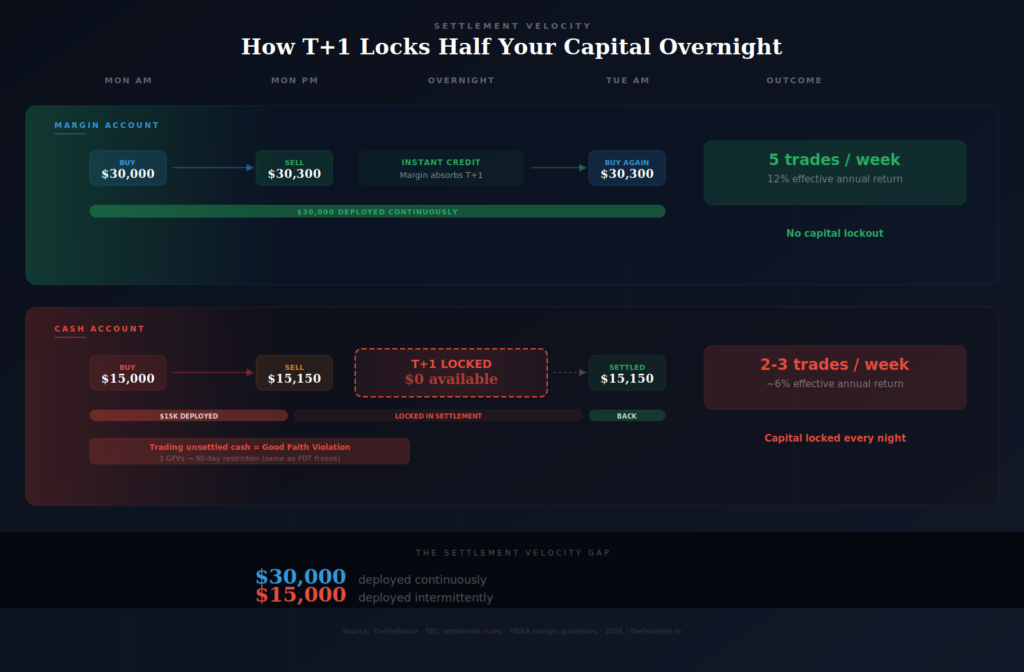 T plus one settlement timeline showing how cash account buying power locks capital overnight for pattern day traders