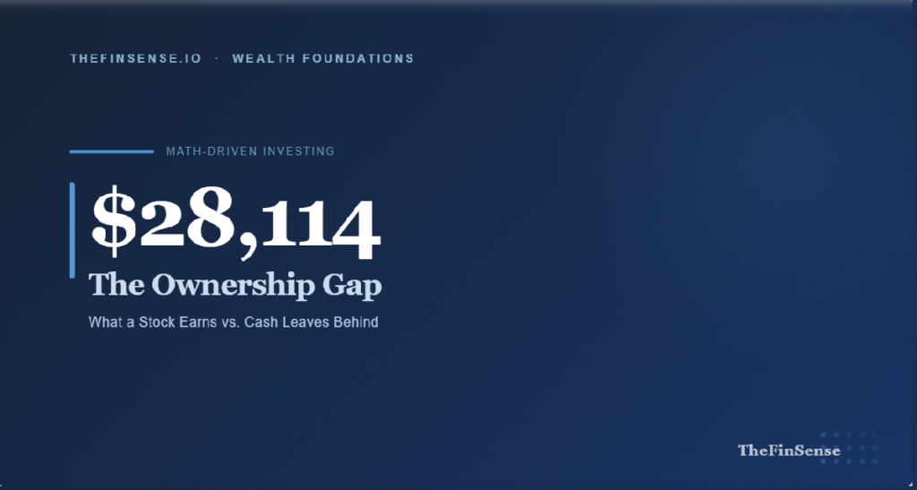 Featured image — what is a stock guide showing $28,114 ownership gap between equities and cash over 20 years