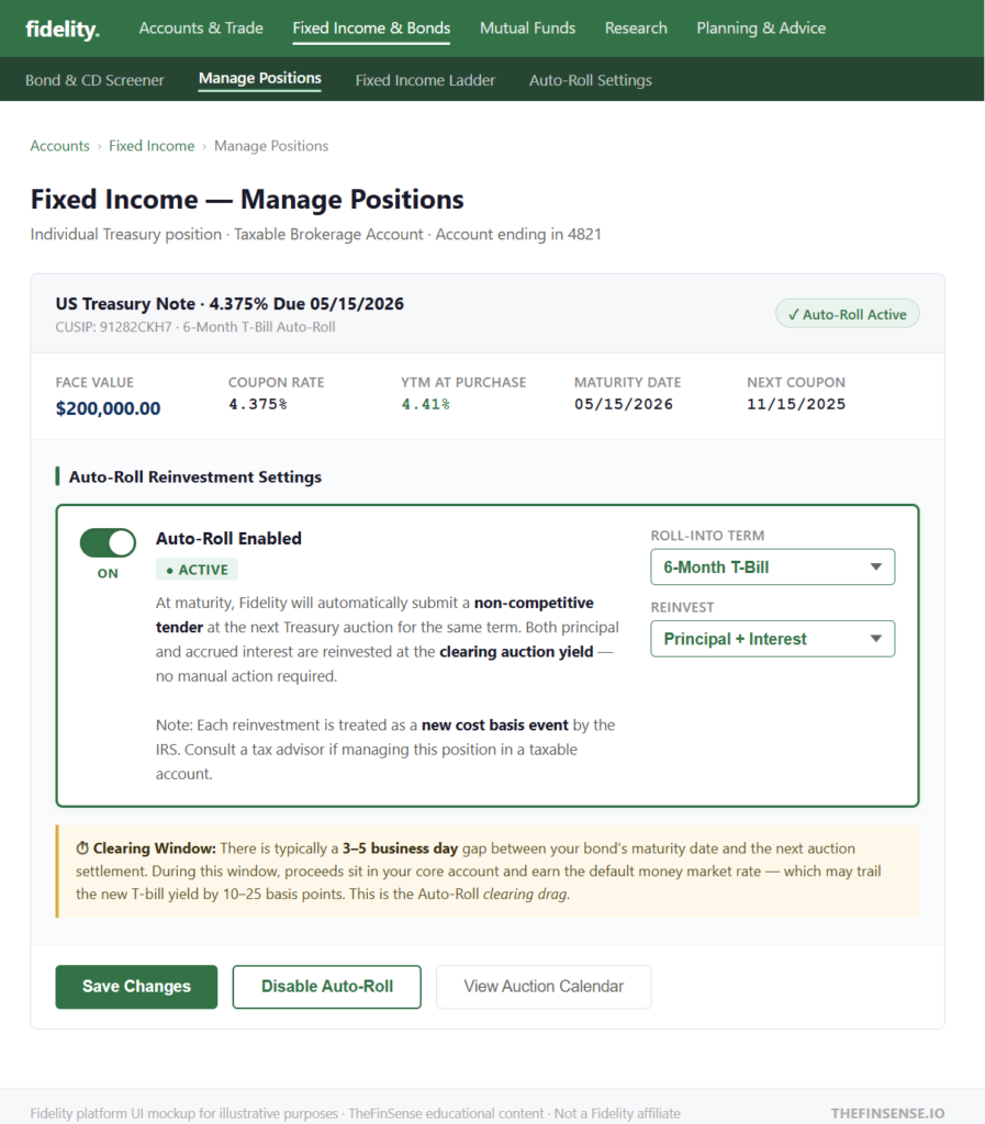 Post-Tax Treasury vs. CD Yield by State Income Tax Rate — How the Fixed-Income Calculus Shifts for High-Tax State Investors treasury direct interface showing how bonds work for auto roll reinvestment on Fidelity fixed income platform