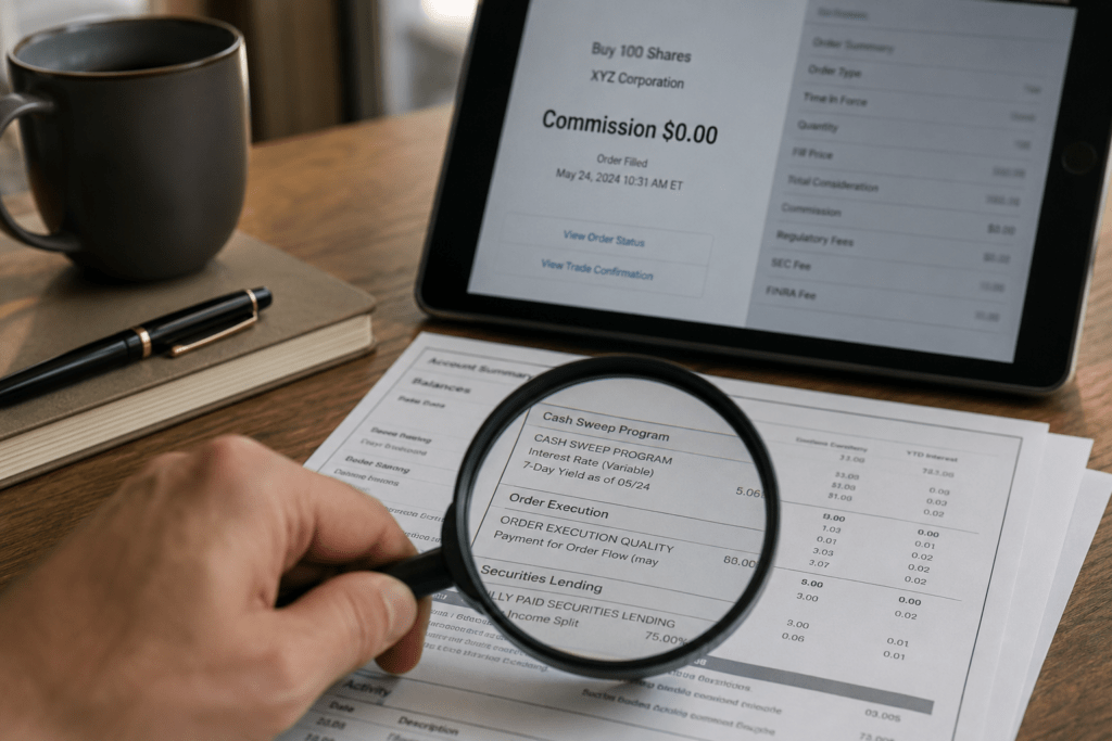 Zero-Commission Brokers Aren’t Free: The Costs Your Trade Ticket Misses 2 Zero commission broker hidden fees shown as a brokerage fee screen beside an investment ledger