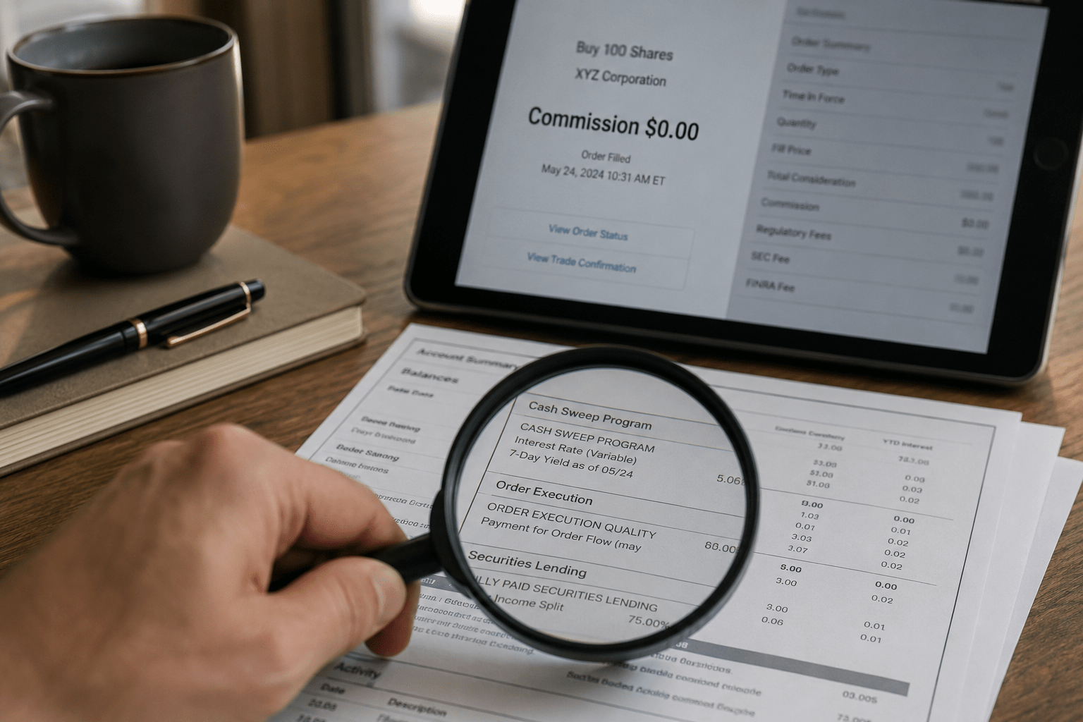 Zero commission broker hidden fees shown as a brokerage fee screen beside an investment ledger