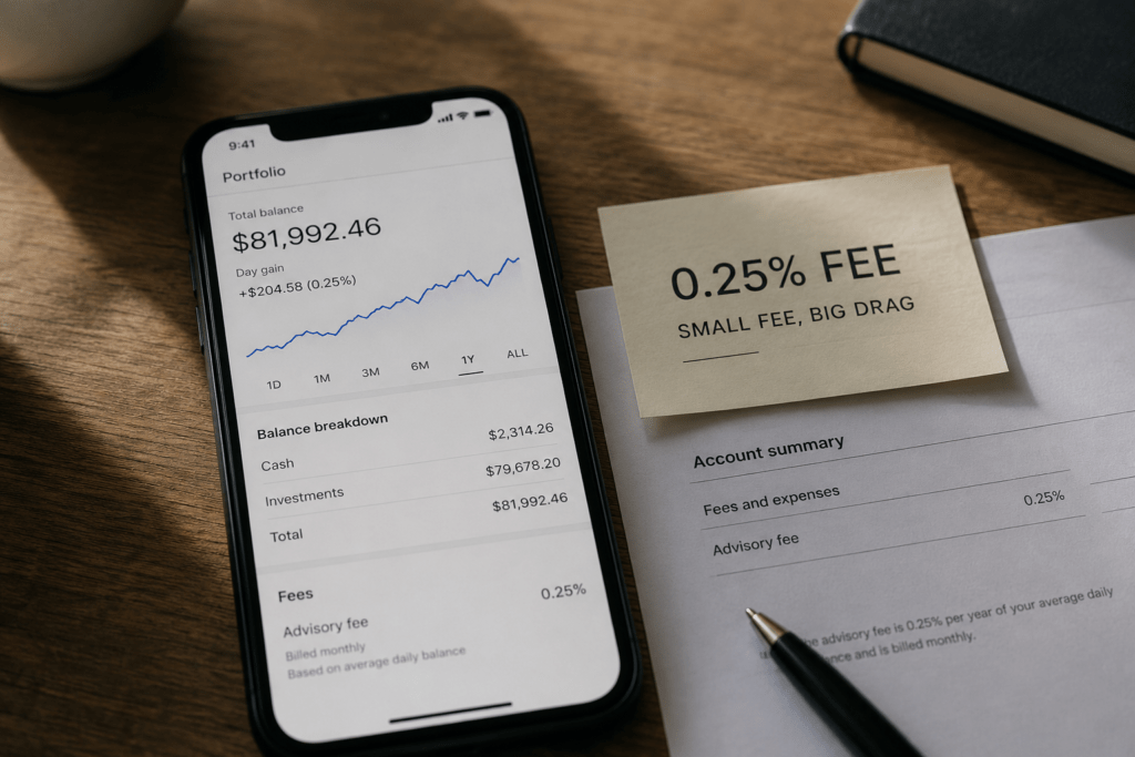 Betterment Fees Explained: When the Automation Is Worth Paying For 5 Betterment fees explained with a phone, portfolio ledger, and long-term fee comparison