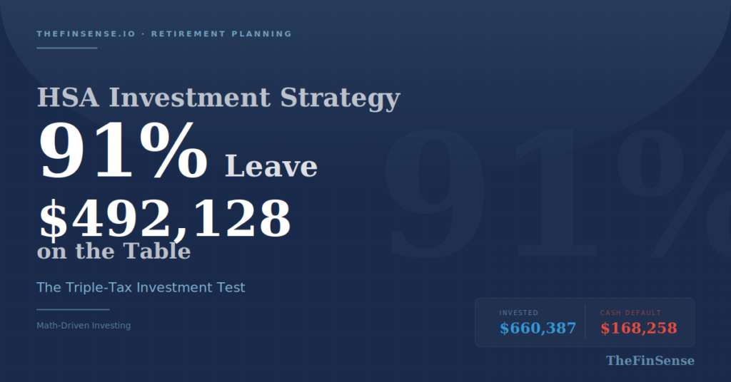 HSA Investment Strategy: The 2,128 Gap Between Contributing and Investing — TheFinSense - TheFinSense HSA investment strategy showing 91 percent of holders leave $492,128 in tax-free growth in default cash sweep