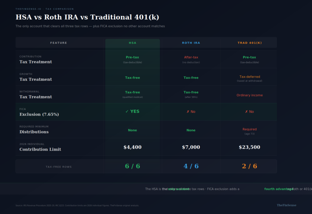 HSA vs Roth IRA vs Traditional 401(k) tax treatment comparison — TheFinSense original analysis - TheFinSense HSA investment strategy tax comparison table showing triple-tax advantage versus Roth IRA and 401k