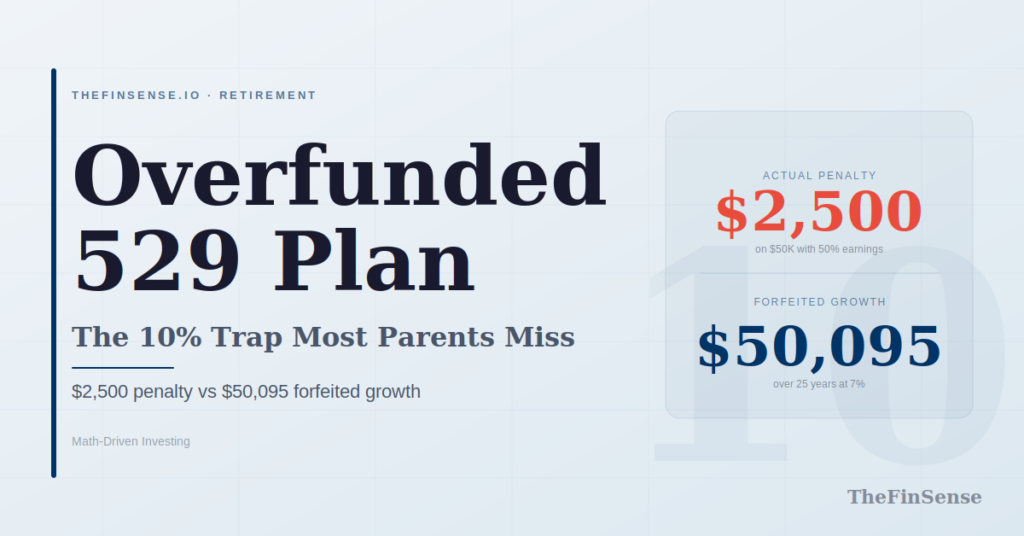 Overfunded 529 plan penalty comparison showing $2,500 cost versus $50,095 in forfeited tax-deferred growth