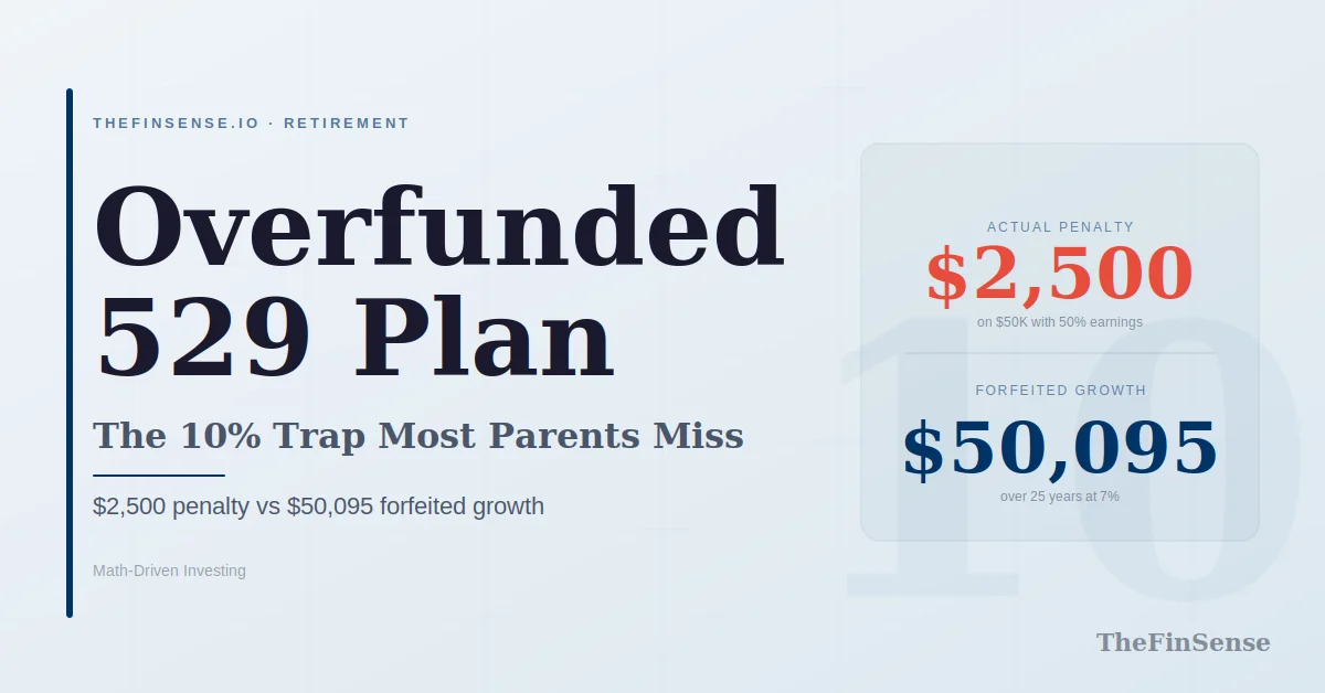 TheFinSense Overfunded 529 Plan Featured Image - TheFinSense Overfunded 529 plan penalty comparison showing $2,500 cost versus $50,095 in forfeited tax-deferred growth