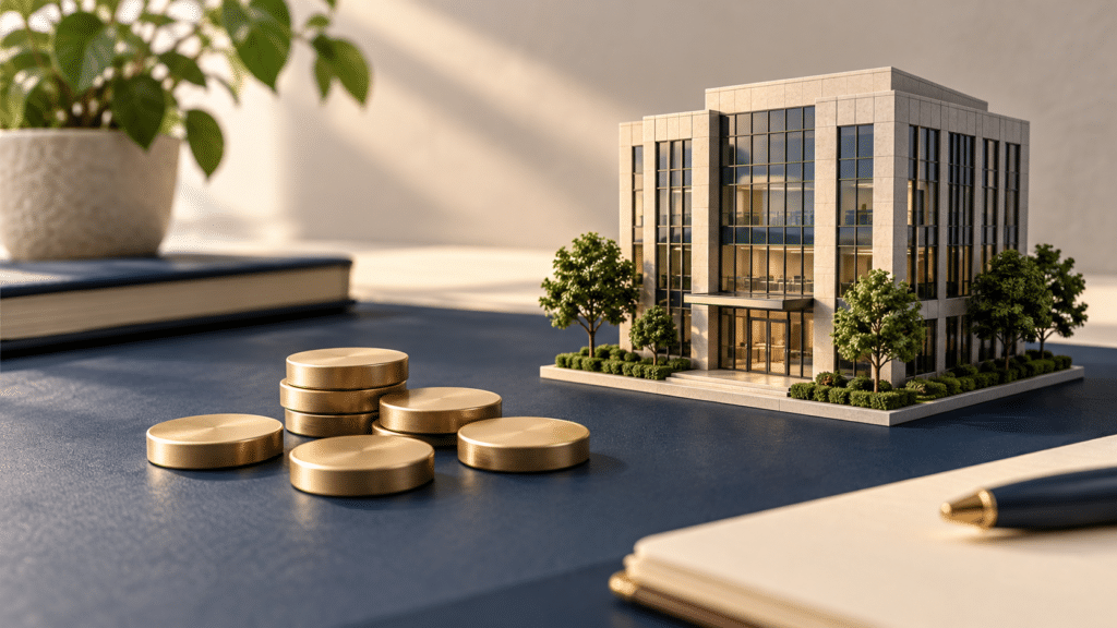 A model office building beside unmarked ownership tokens, illustrating shares in a business.