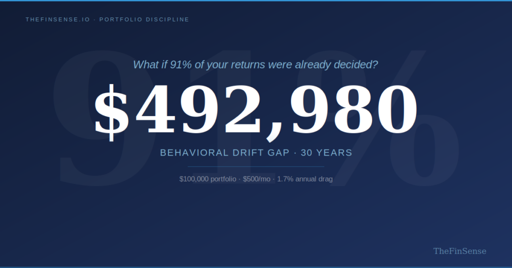 Asset allocation strategy two-path comparison showing the $492,980 behavioral drift gap over 30 years
