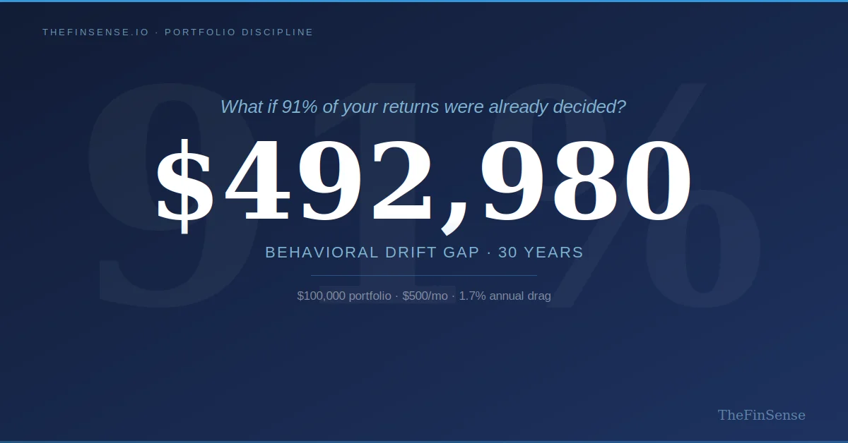 How asset allocation strategy explains 91.1% of portfolio return variability - TheFinSense Asset allocation strategy two-path comparison showing the $492,980 behavioral drift gap over 30 years