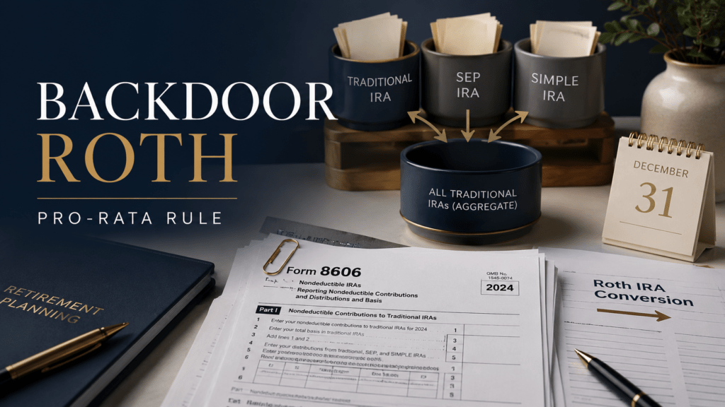Backdoor Roth IRA Rules: The Pro-Rata Trap Before You Convert 8 Backdoor Roth IRA rules showing Traditional, SEP, and SIMPLE IRA balances combined under the pro-rata formula
