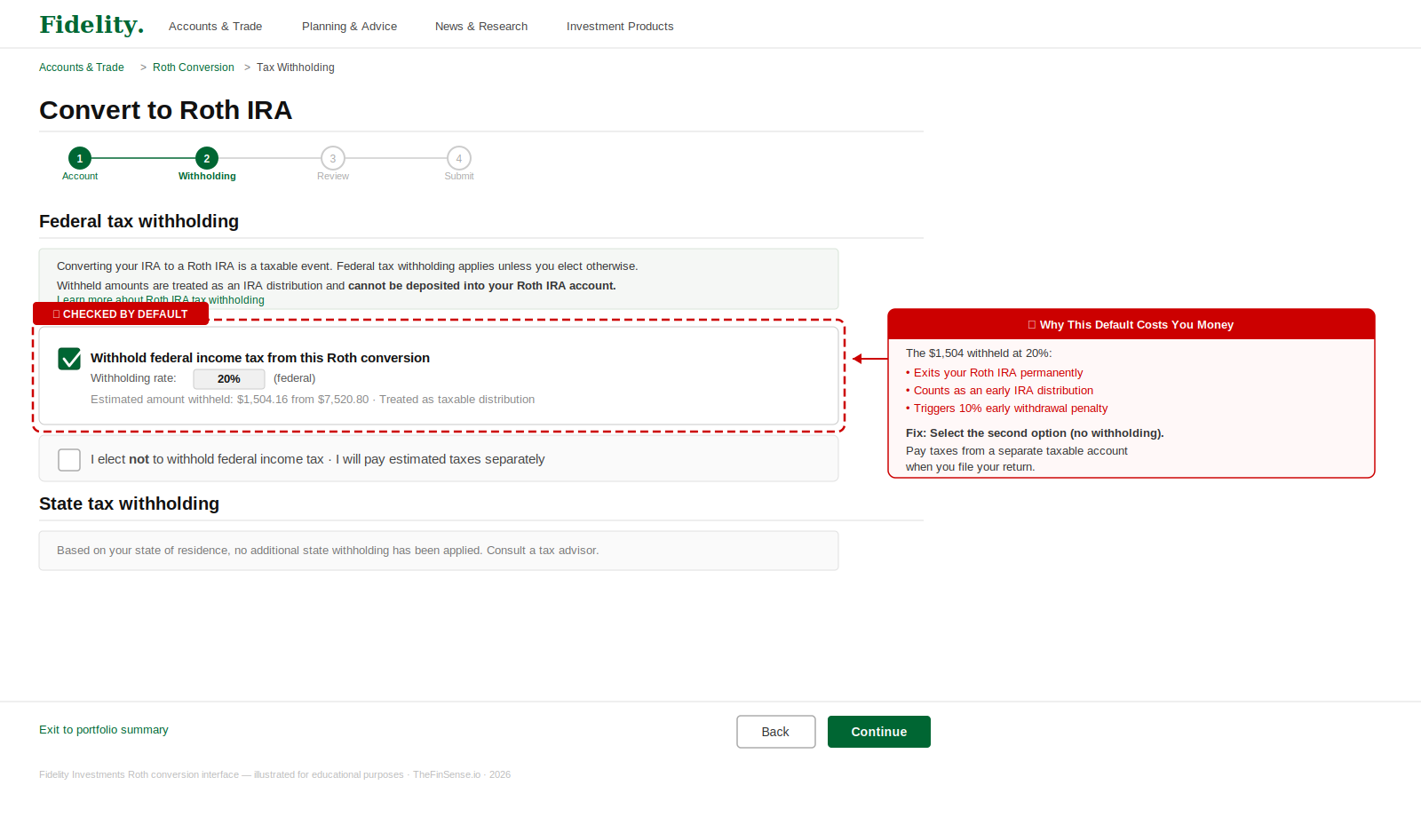 Fidelity Roth conversion screen showing tax withholding checkbox defaulting to 20 percent
