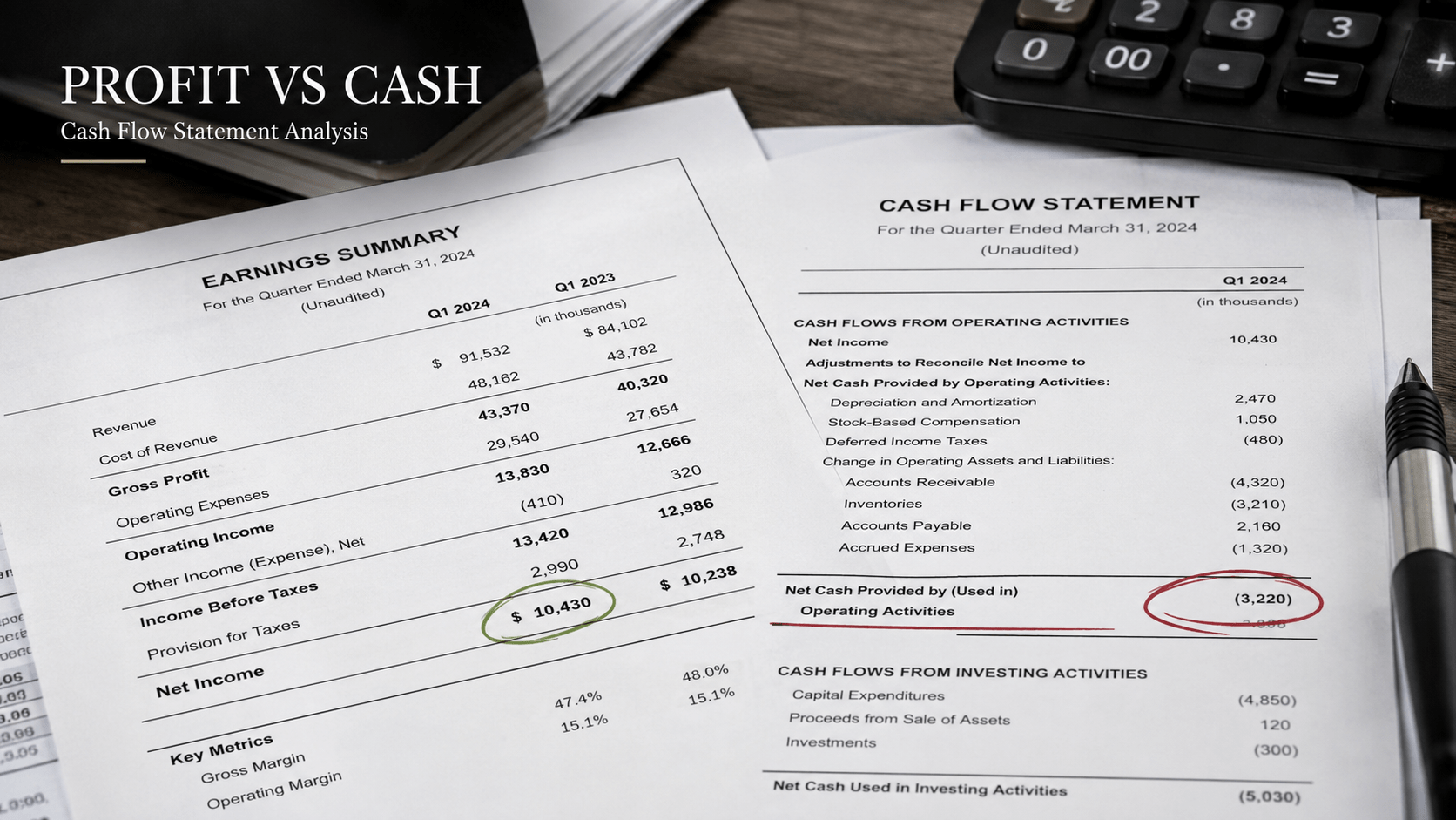 Cash flow statement analysis comparing reported profit with operating cash flow