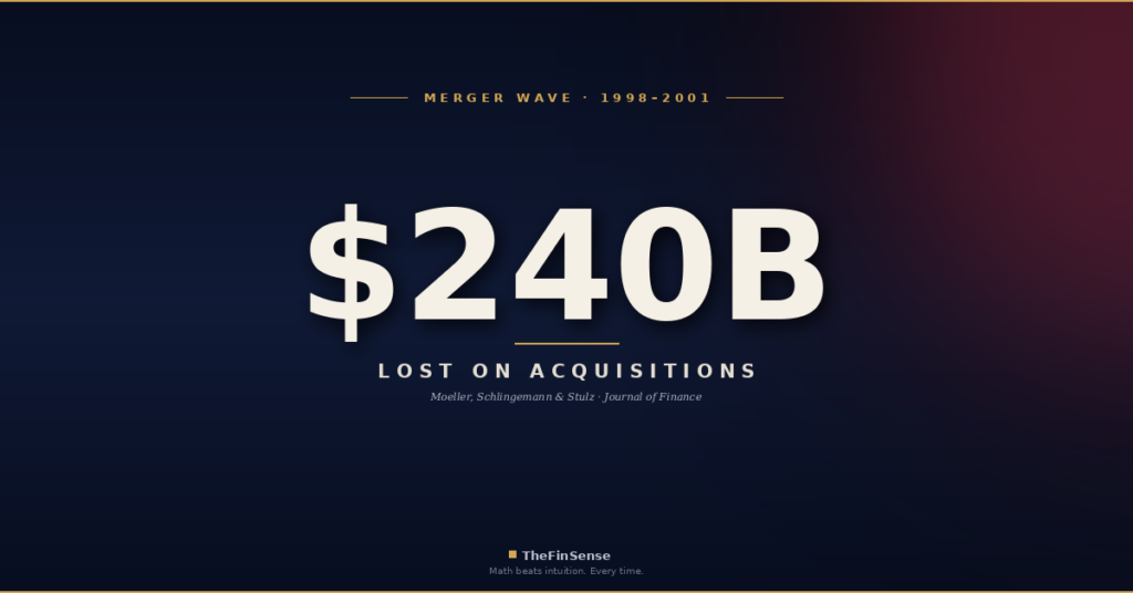 CEO red flags chart showing $240B acquisition wealth destruction 1998-2001 from Moeller research