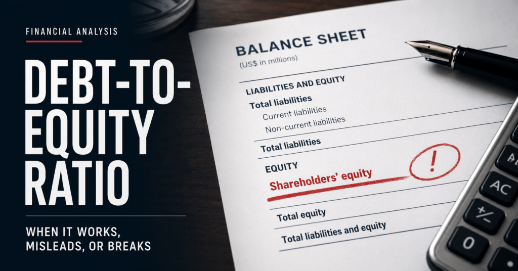 Debt-to-Equity Ratio: When It Works, Misleads, or Breaks 2 The debt-to-equity ratio can mislead when providers use different debt definitions or book equity approaches zero. Learn when to compare it and what to use instead.