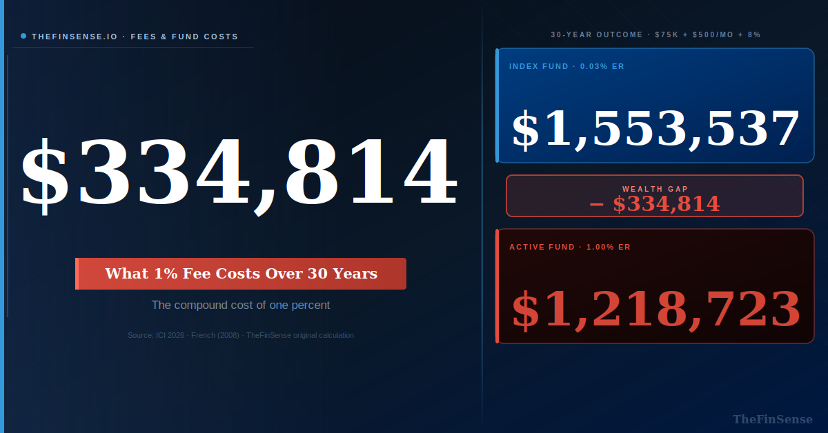 The Hidden Cost of a 1% Expense Ratio — 30-Year Wealth Destruction Illustrated Expense ratio impact chart showing $334,814 wealth gap between 1% fee fund and 0.03% index fund over 30 years