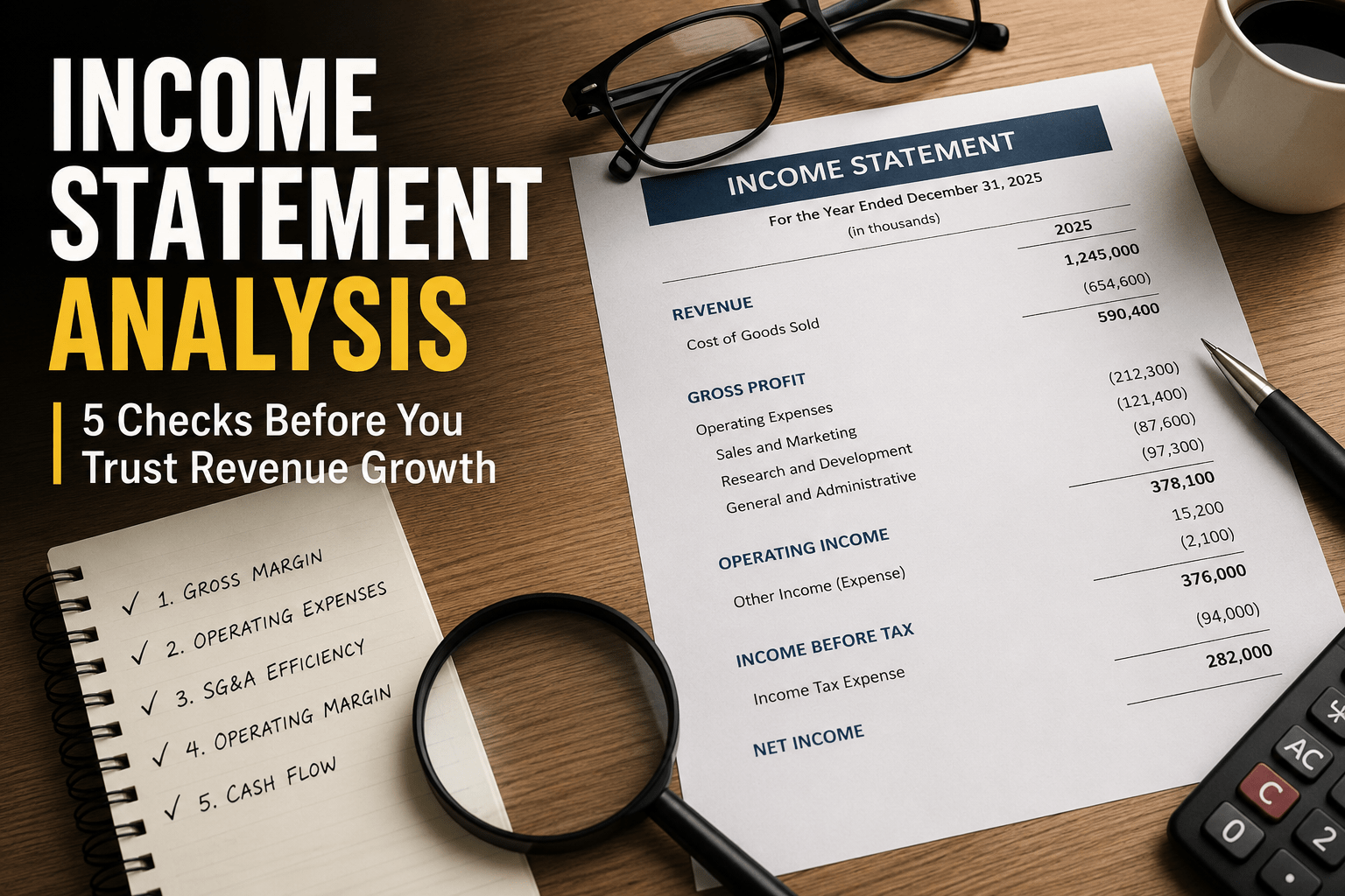 Income statement analysis comparing revenue growth, gross margin, operating expenses, and operating margin