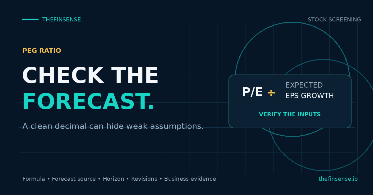 PEG ratio formula showing P/E divided by expected EPS growth with a warning to verify forecast inputs