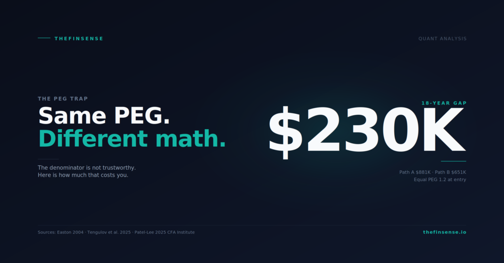 PEG ratio 1.2 quality-adjusted outcome gap of $230,000 over 18 years