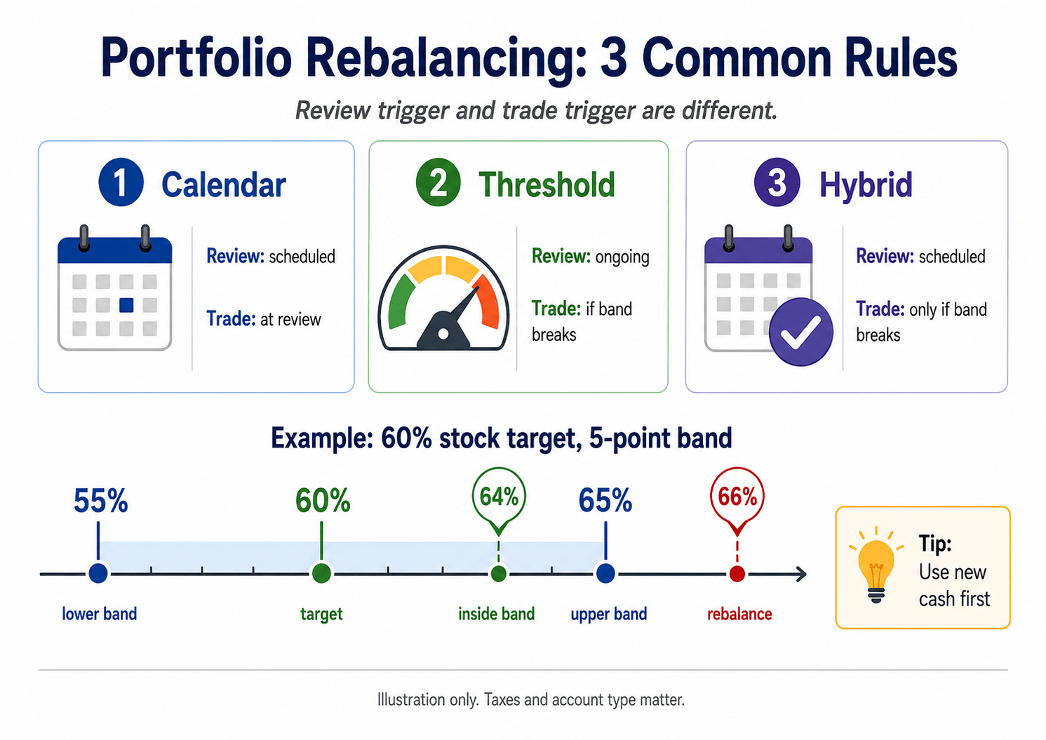 Infographic comparing calendar, threshold, and hybrid portfolio rebalancing rules, with a 60% stock target and a 5-point band example.