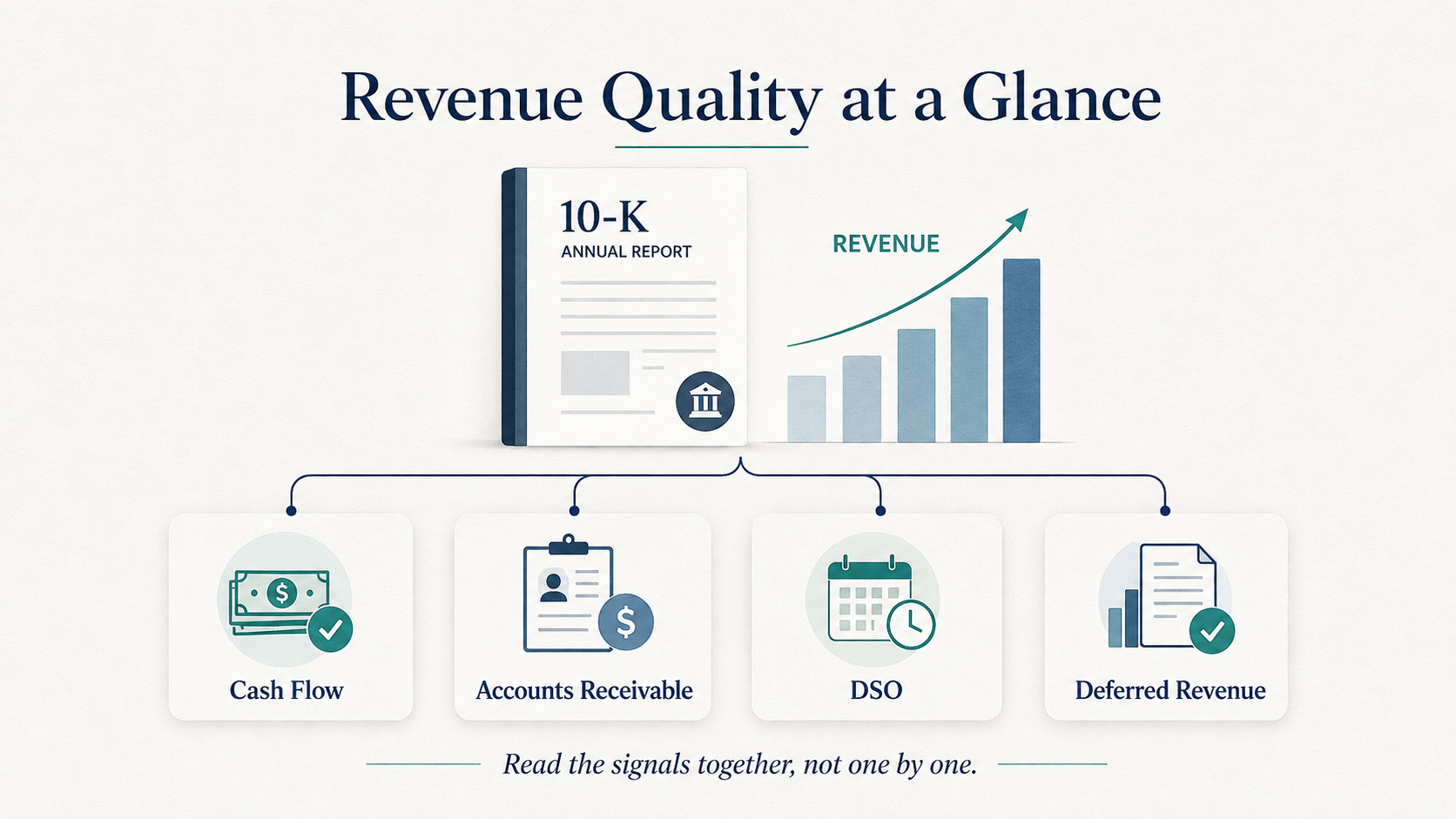 Revenue Growth Quality: How to Tell If Sales Are Turning Into Cash 3 Revenue quality at a glance graphic showing a 10-K report, a rising revenue chart, and four supporting signals: cash flow, accounts receivable, DSO, and deferred revenue.