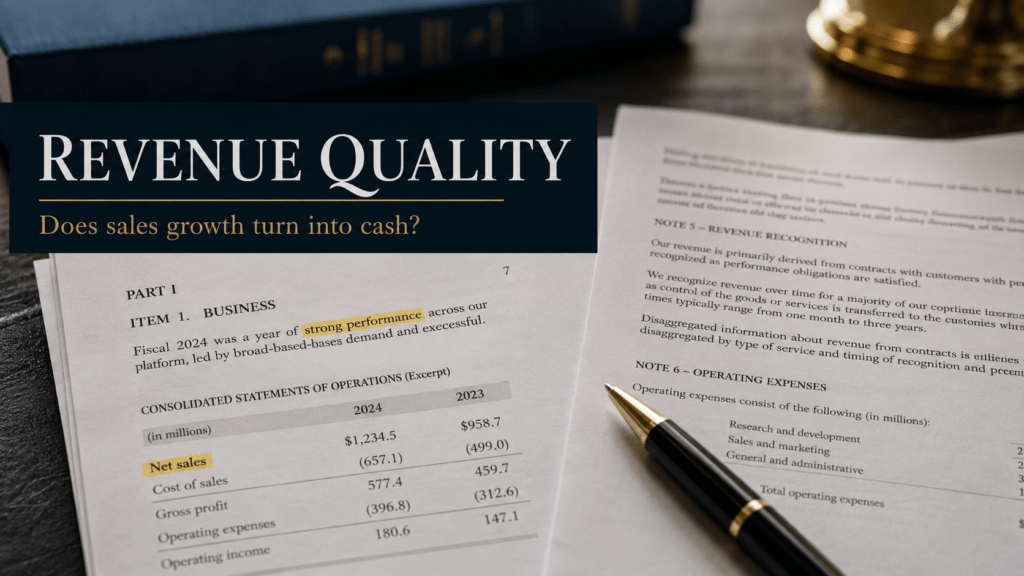 Revenue Growth Quality: How to Tell If Sales Are Turning Into Cash 1 Revenue growth quality check comparing sales, cash flow, receivables, DSO, and deferred revenue in a 10-K